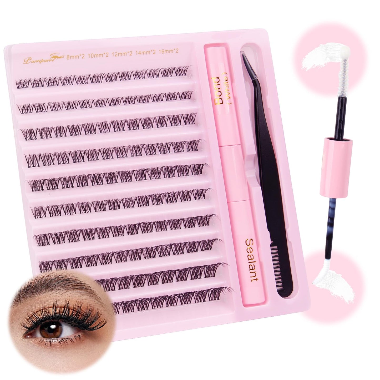 Parriparri Cluster Lashes Kit Clear Band 120Pcs Individual Lashes with Bond and Seal and Lash Extension Applicator Natural Eyelash Extensions Kit False Eyelashes DIY at Home (8-16MM MIX)