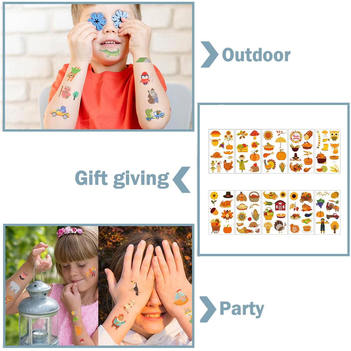 YAAVAAW Autumn Thanksgiving Temporary Tattoos for Boys,Girls,Kids,10 Sheets Kids Tattoos Fall Harvest Pumpkin Turkey Tattoo Stickers for Children's Stick on Tattoos Autumn Thanksgiving Theme Party Bag Filler