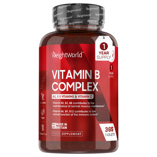 Vitamin B Complex High Strength - 365 Vegan Tablets (1 Year Supply) - Blend of 8 B Vitamins & Vitamin C - One A Day - No Fillers - Folic Acid, Biotin, B1, B2, B3, B5, B6, Vitamin B12 Supplement