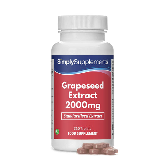 Simply Supplements Grapeseed Extract 2000mg | 360 High Strength Grapeseed Tablets with Added Vitamin C | Vegan & Vegetarian Friendly | Manufactured in The UK