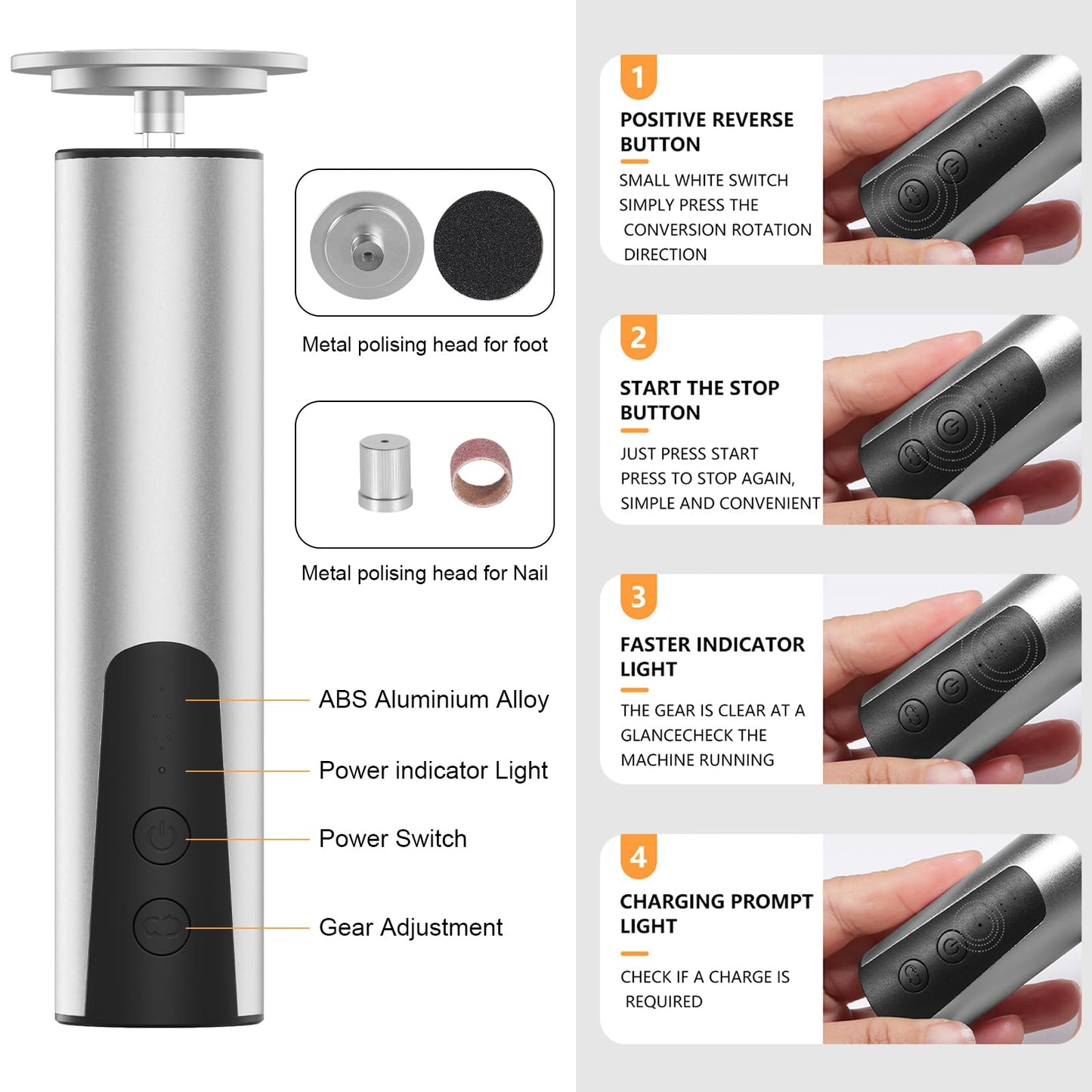 jianyana Jianyana 2 in 1 Electric Foot File, 6-Speed Pedicure Sets for Feet Electric Foot File Hard Skin Remover for Dry Dead Hard Skin Feet Callus Remover for Feet Care Exfoliator (Silver)