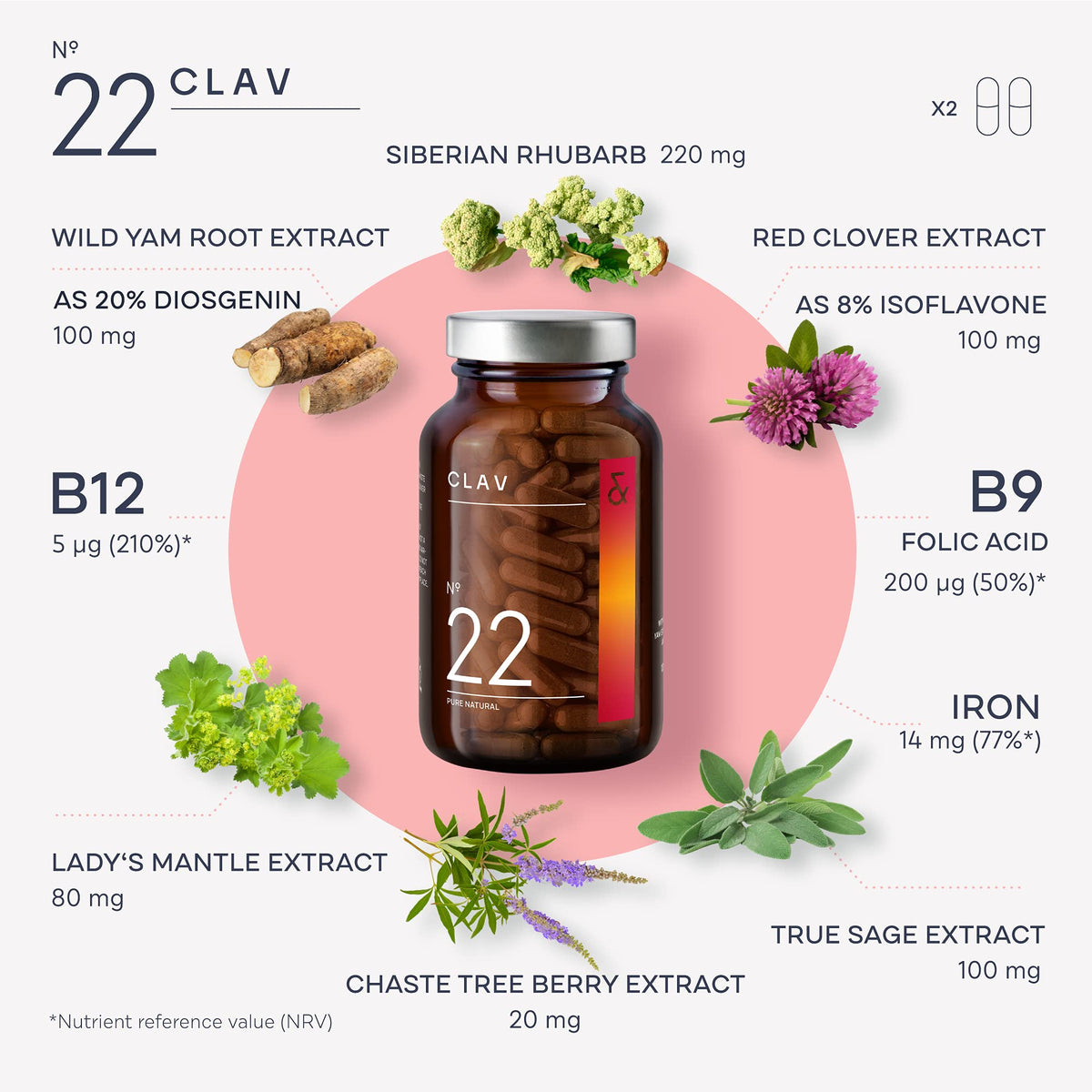 CLAV N°22 Power for Women with Wild Yam + Ladys Mantle + Vitex Agnus + Siberian Rhubarb + Iron + Folic Acid + B12-120 Capsules = 60 Days Supply - Vegan