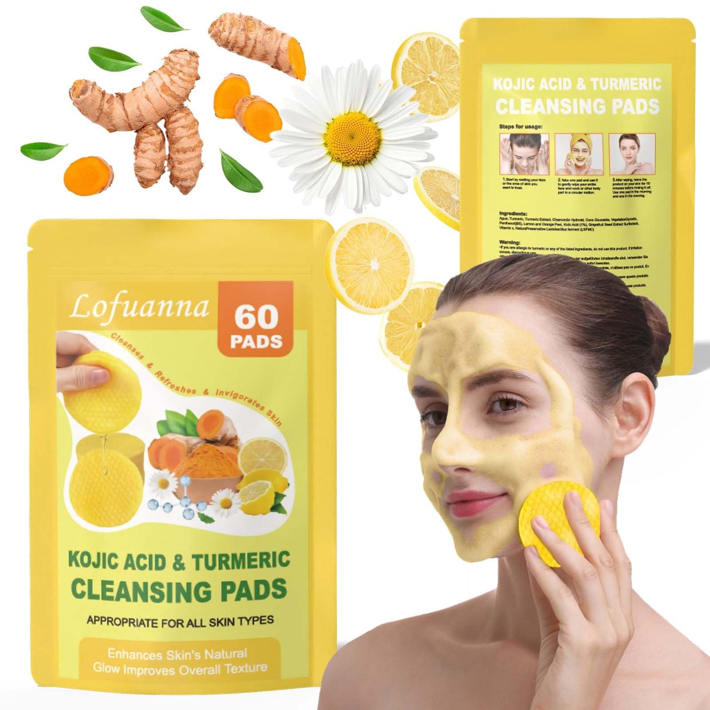 ZTSMSWY Turmeric Kojic Acid Pads,Kojic Acid and Turmeric Pads,Turmeric Kojic Acid Pads Exfoliating Pads, Turmeric Kojic Acid Cleansing Pads for Dark Spots 60 Pads