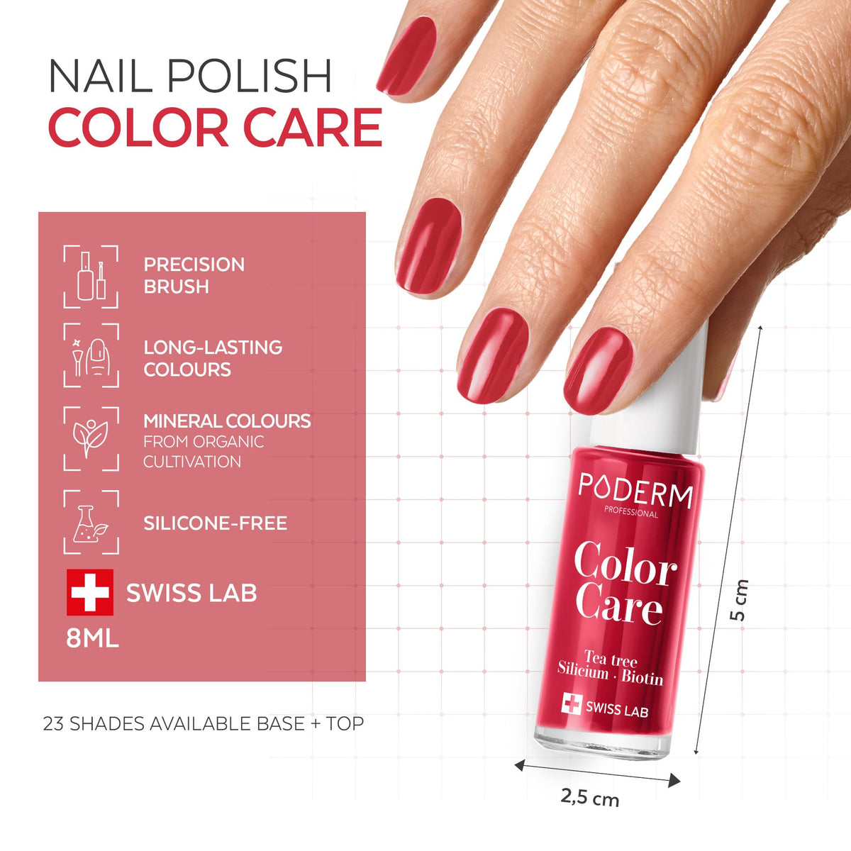 PODERM Nail Care Polish with Tea Tree - Power Red | Swiss Lab - 8ML | Enriched with Tea Tree, Silicon & Biotin | Purifies, Clarifies & Nourishes Yellow Nails | Created by a Podiatrist