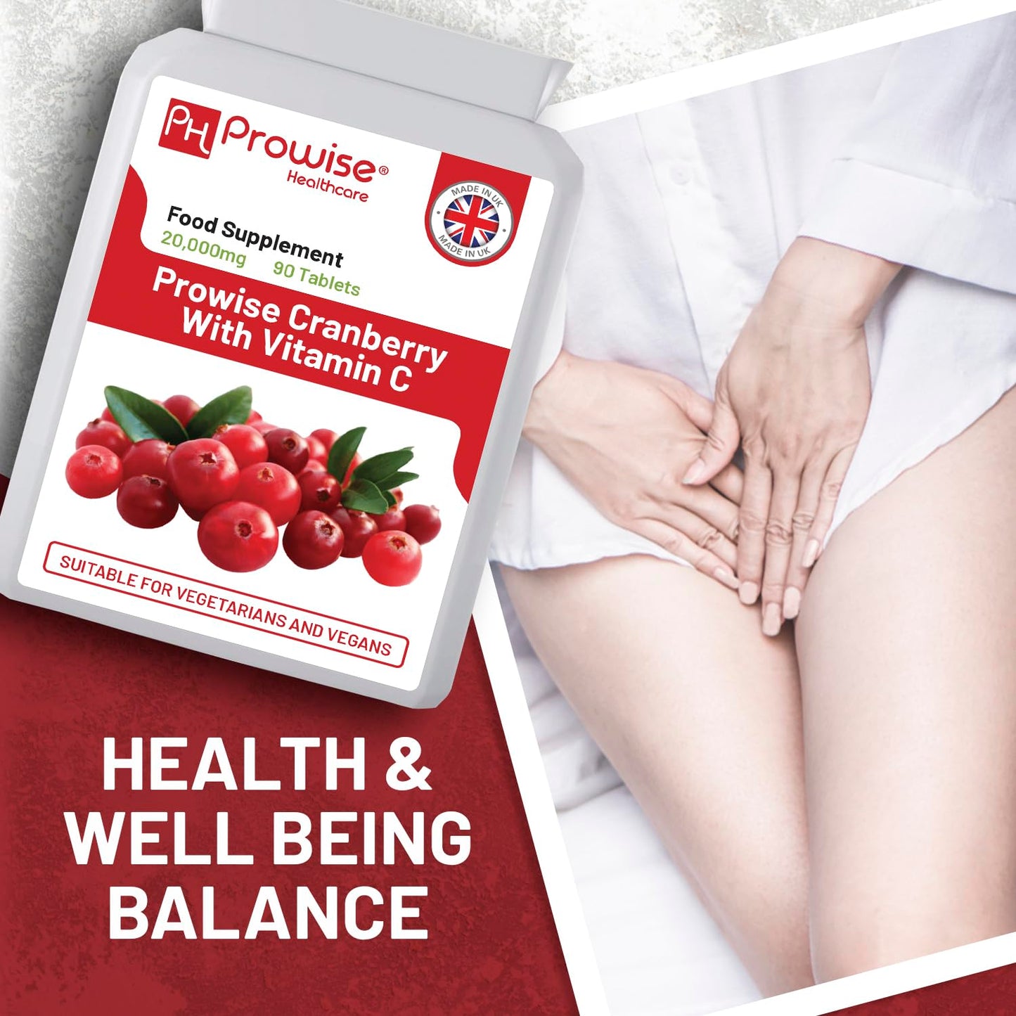 PH PROWISE Healthcare Double Strength Cranberry 20,000mg Added with Vitamin C - 90 Vegan Tablets I Easy to Swallow Tablets | GMO Free Ingredients I Made in UK by Prowise Healthcare