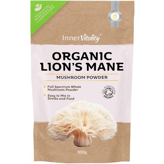 Organic Lions Mane Mushroom Powder - 100g High Strength Full Spectrum Lions Mane Supplement to Support Brain & Mental Performance by Inner Vitality, 100.00 g (Pack of 1)