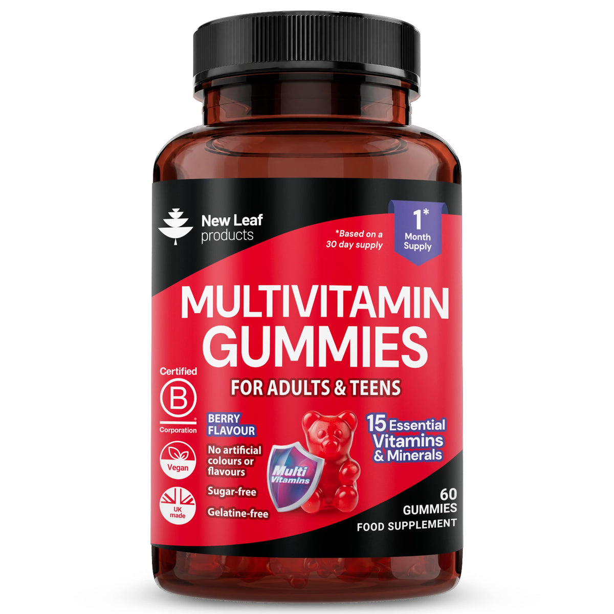 NEW LEAF PRODUCTS Chewable Vegan Multivitamin Gummies - Non Sugar Coated, Gluten Free, Non-GMO Multivitamins for Men and Woman - Fortified with Vitamins C A D E B Biotin, Folate, & Zinc
