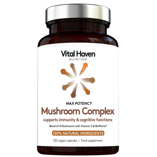 Complex Mushroom Superblend - Lions Mane, Reishi, Cordyceps, Shiitake, Maitake, Chaga, Agaricus Blazei, Tremella - with Vitamin C and Bioperine for Maximal Absorption - Max Potency - Made in The UK