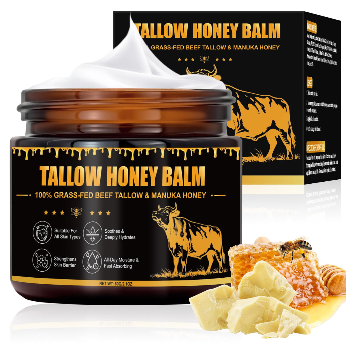 Muiefe Whipped Beef Tallow Skin Care 60g, Natural Tallow and Honey Balm, 100% Organic Grass-Fed Beef Tallow Face Cream & Moisturizer, Deeply Moisturizing Nourishing for Face Body Dry Skin, Fast Absorbing