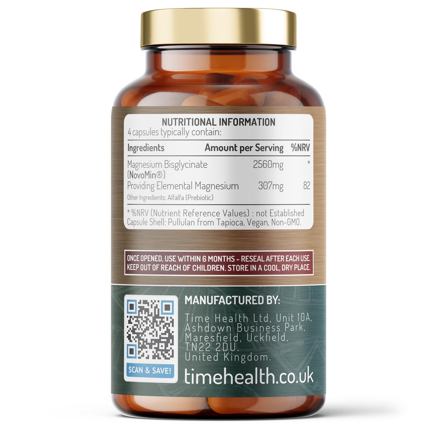 Time Health Magnesium Bisglycinate – 307mg Elemental Magnesium – Superior Absorption NovoMin® Magnesium Glycinate – 120 Capsules – UK Made to GMP & HACCP Standards – Zero Additives – Pullulan