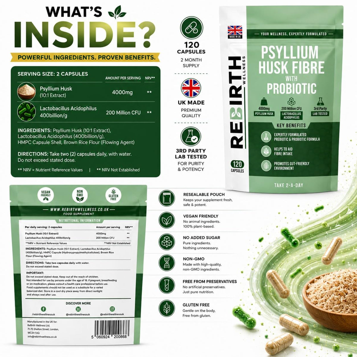 REBIRTH WELLNESS BE YOURSELF | ONLY BETTER Psyllium Husk Fibre Supplement 4000mg with Bio Culture Acidophilus – 120 Capsules, High Fiber Supplement for Digestion & Gut Health,3rd Party Lab Tested, UK Made by Rebirth Wellness