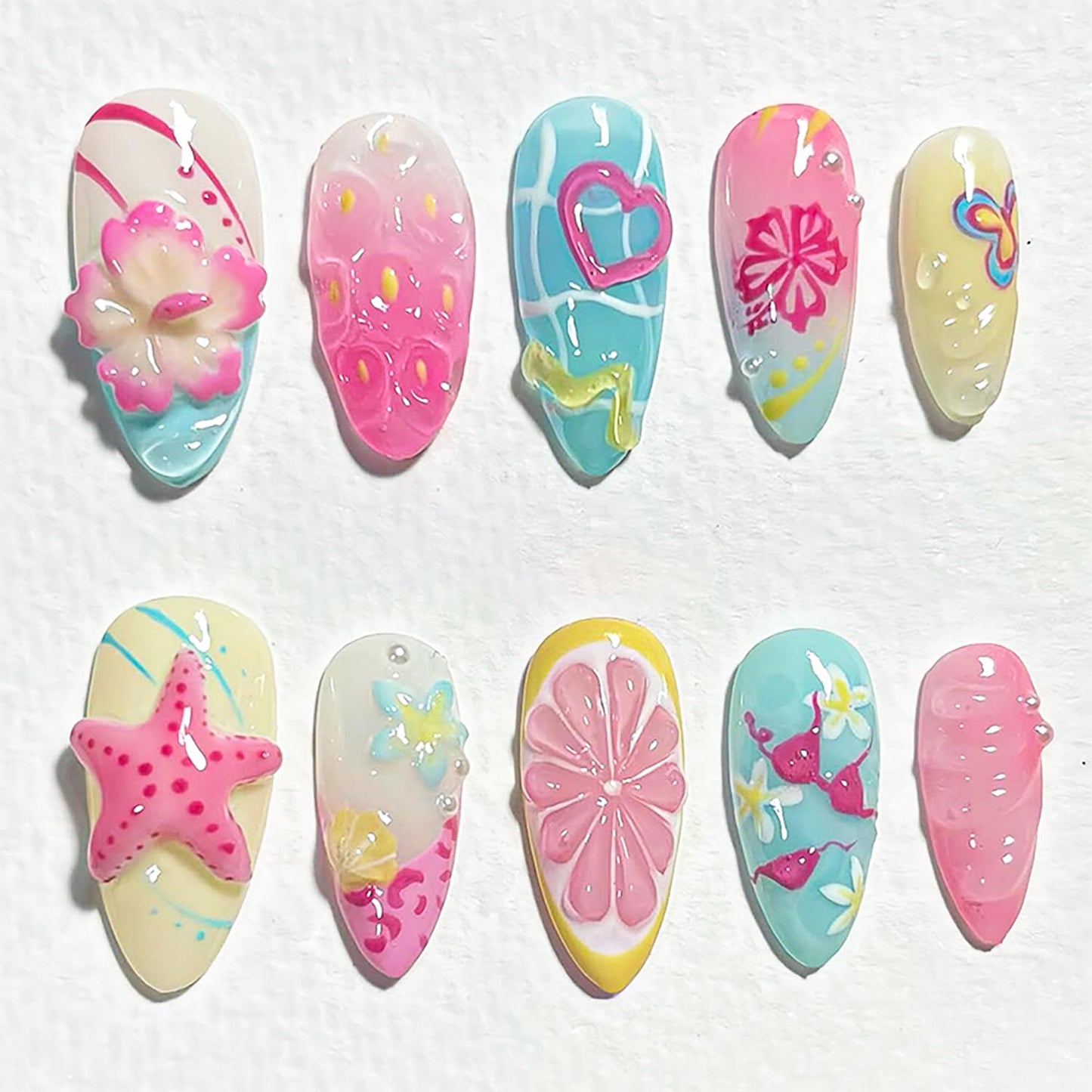 Muorruo 30 Pieces Summer Press-on Nails, medium size, almond shape, artificial nails with 3D floral starfish design, summer beach art nails, pearl glued nail, acrylic
