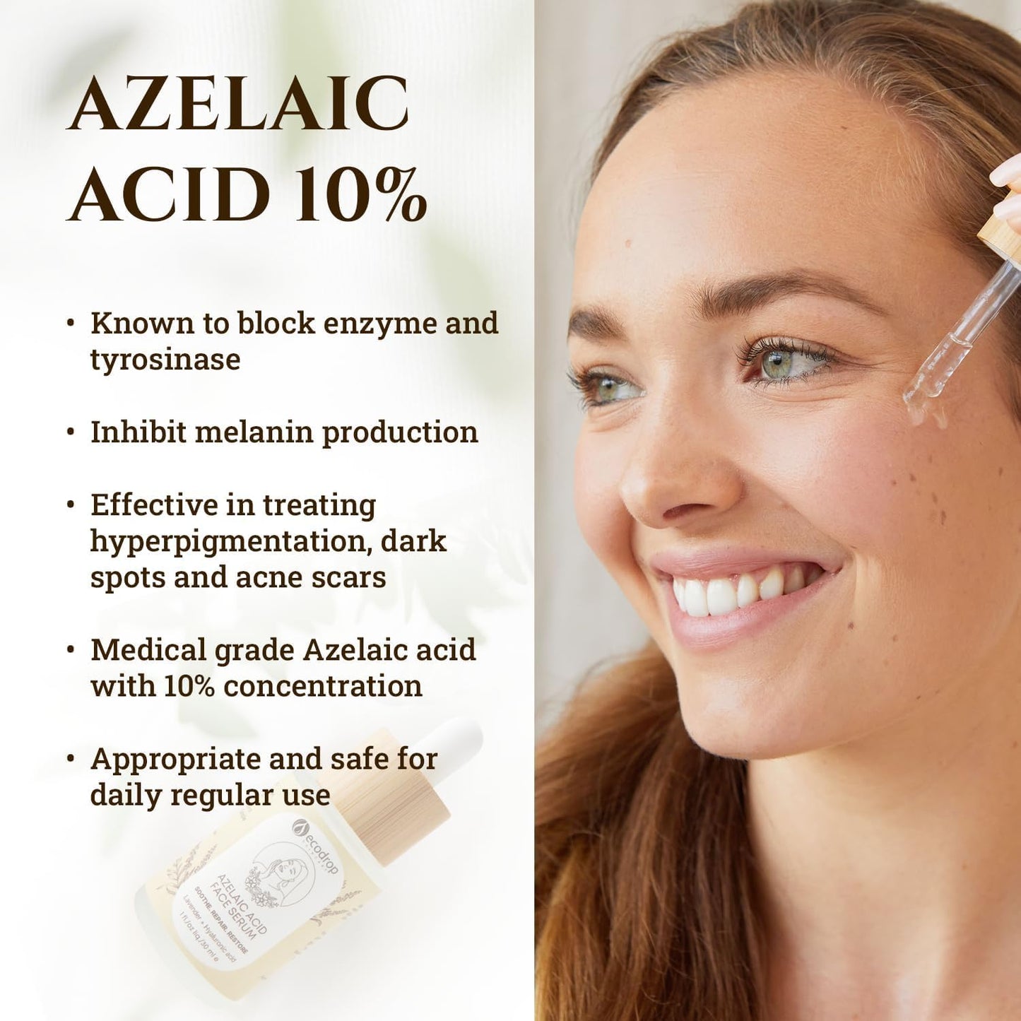 ecodrop essential oils Ecodrop Azelaic Acid & Hyaluronic Acid Serum - 30ml | Daily Gentle Anti-Ageing Skincare for Face Reduces Acne, Redness, Dark Spot Blemishes & Brightens All Skin Types | Vegan & Cruelty-Free