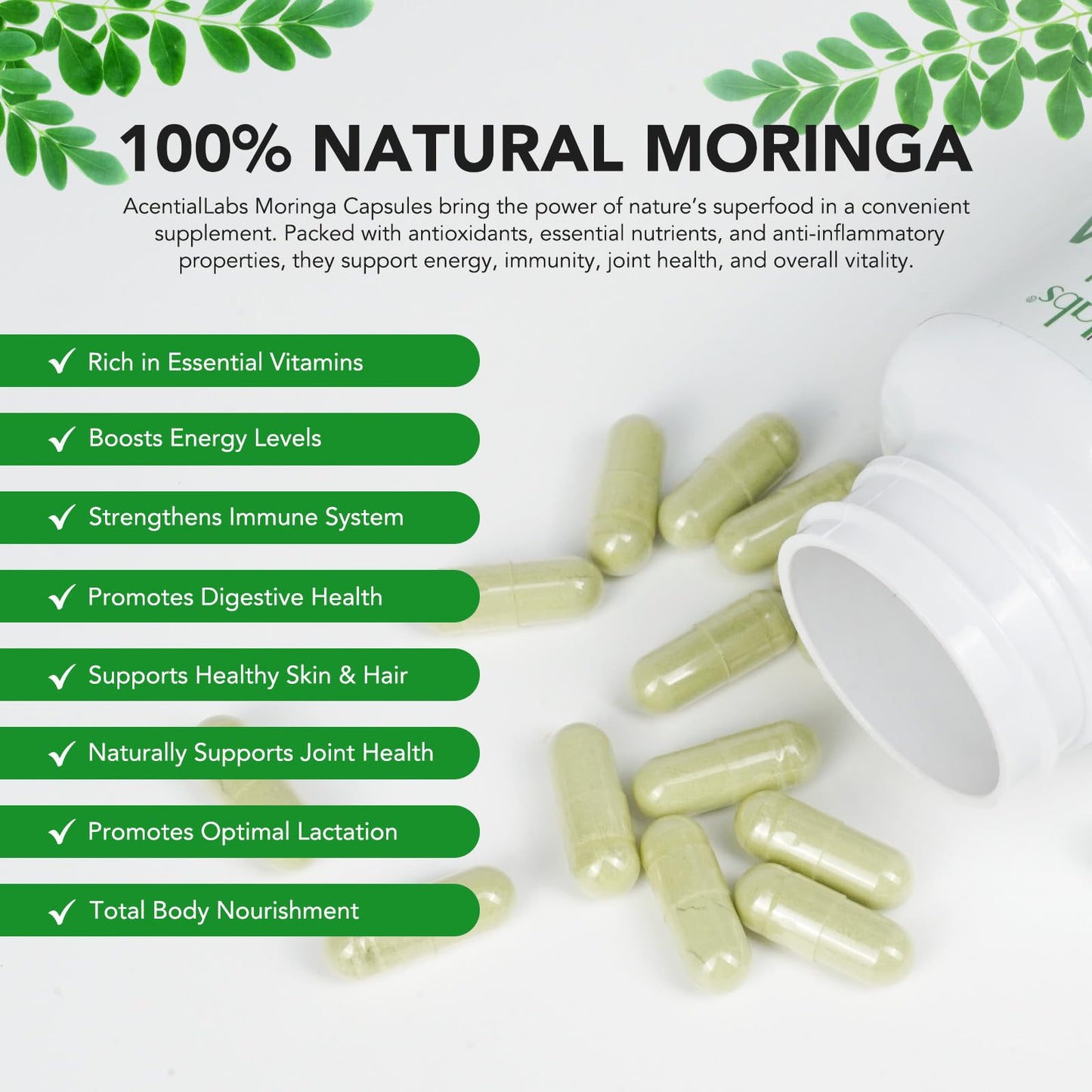 FSLHCY Moringa Capsules 800mg, Rich Moringa Powder Supports Energy, Joint & Immunity & Gut Health, Overall Vitality, Pure Vegan Extract Non-GMO (60pcs)