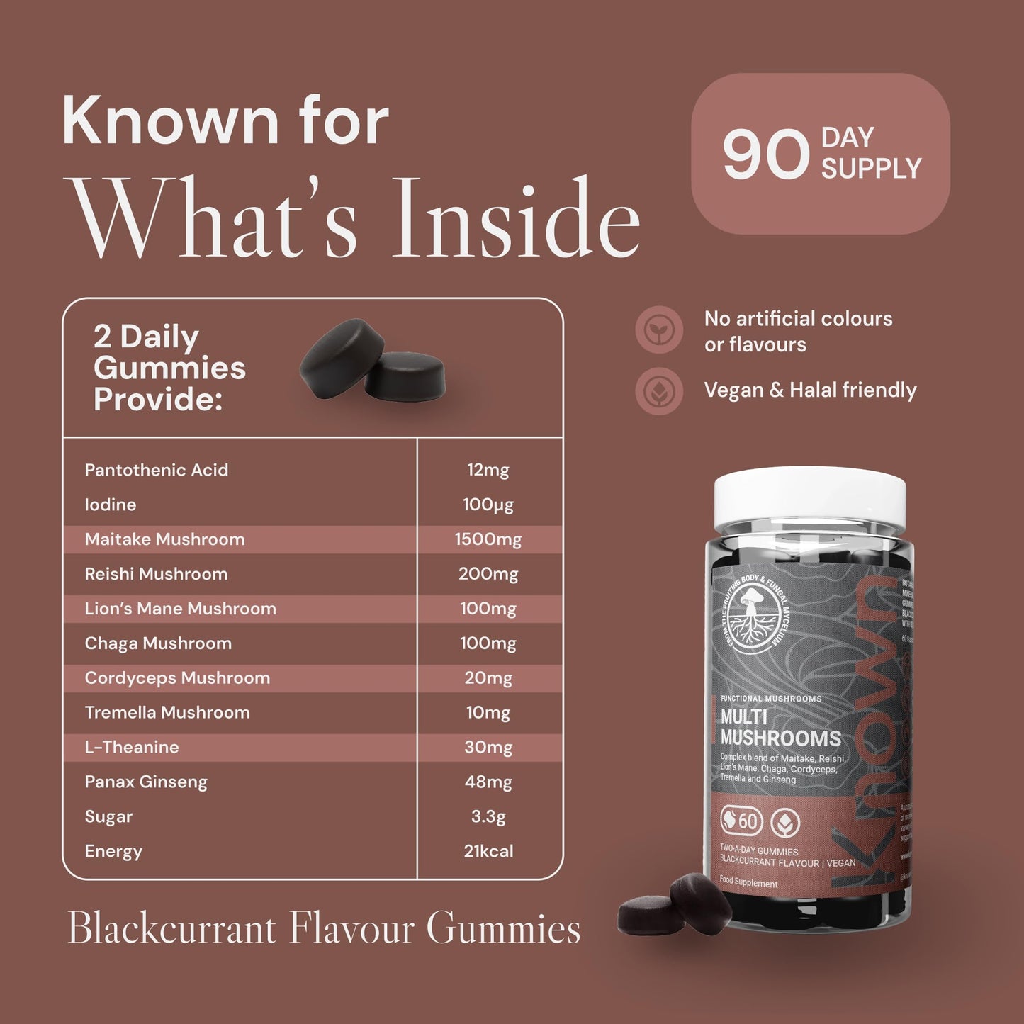 Known Tasty Multi Mushrooms Gummies - Lion’s Mane, Cordyceps - Immunity & Energy - Natural Blackcurrant Flavour - 60 Vegan Gummies, 3 Months Supply