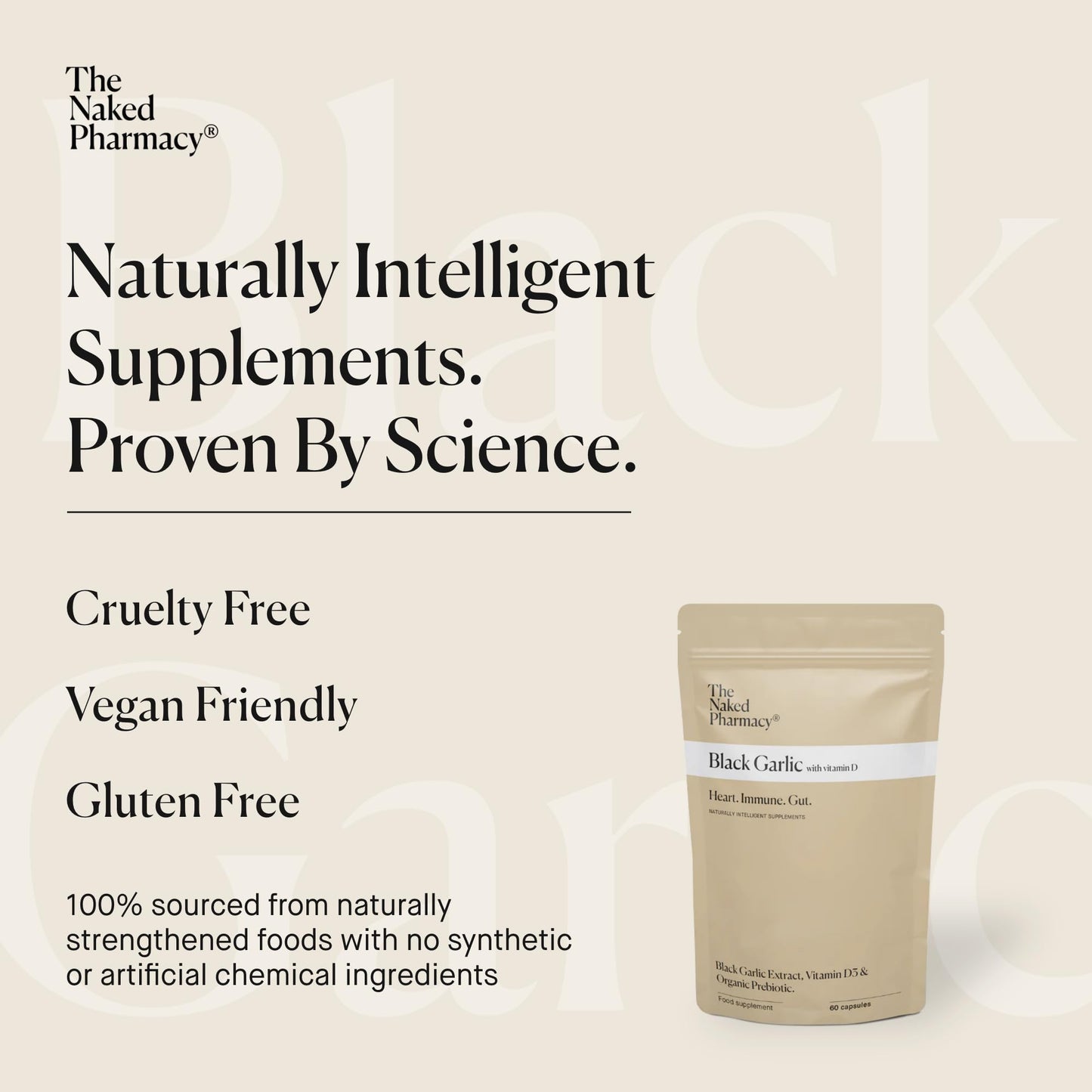 The Naked Pharmacy | Black Garlic Supplements | for Gut, Cardiovascular & Immune System | Healthy Circulation & Blood Pressure | with Vitamin D & Moringa | Odourless | 60 Capsules