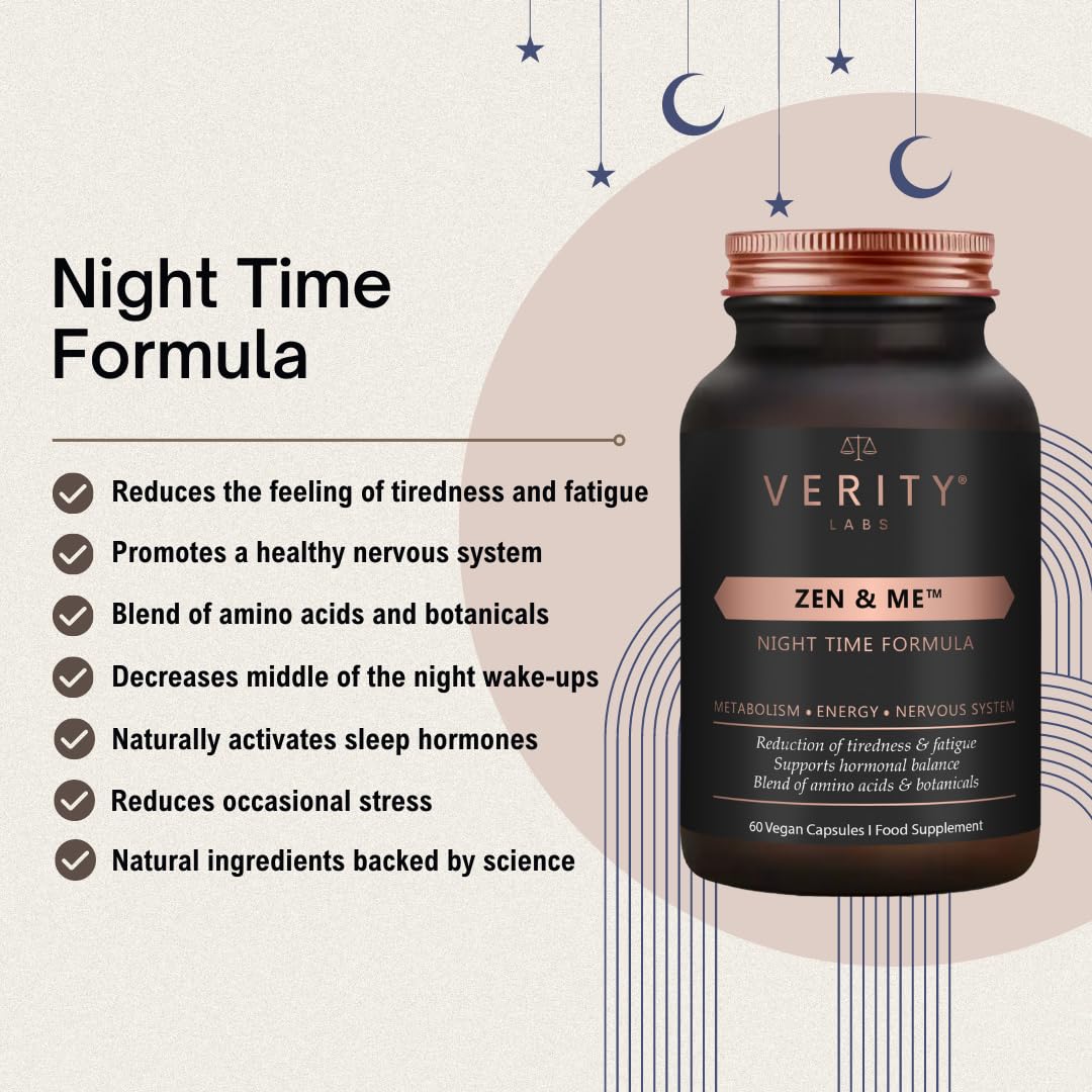 Zen & Me | Sleep and Stress Aid Supplement with Ashwagandha, Lavender, Vitamin B6, Magnesium, Chamomile | 60 Vegan Capsules | Natural Ingredients by Verity Labs