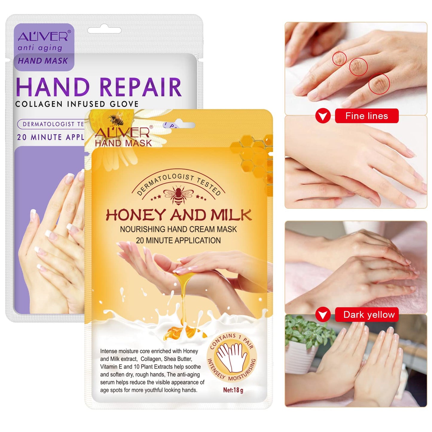 CCKULOOB Hand Mask, 4 Pairs Moisturizing Hand Mask Hand Skin Repair Renew Mask that Enriched with Collagen, Shea Butter, and Vitamin-E to Revive Dry, Rough and Cracked Skin (2 Lavender +2 Honey)