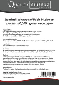 Quality Ginseng Direct REISHI Mushroom - 8,000mg Capsules - Powerful Formula (90 Capsules)