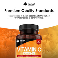 NEW LEAF PRODUCTS Vitamin C Tablets 1000mg - Enriched with Bioflavonoids & Rosehip - Premium Vitamin C Supplements - Vegan Tablets High Strength Ascorbic Acid VIT C for Normal Immune System UK Made