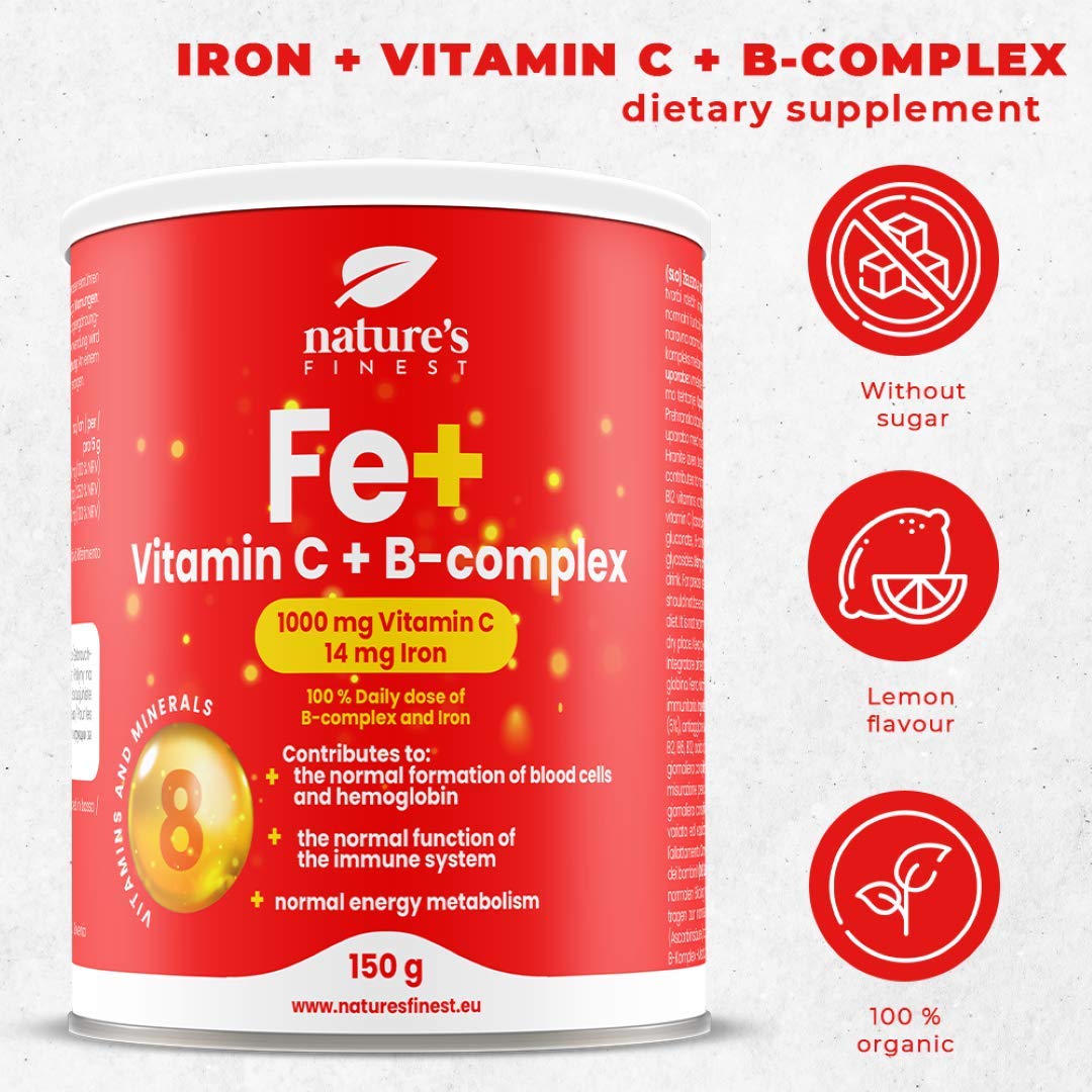 Nature's Finest by Nutrisslim Nature's Finest Fe+ | 14mg of Iron per Serving | 1000mg of Vitamin C per Serving | 100% Daily dose of B-Complex and Iron | No Sugar | Delicious Taste