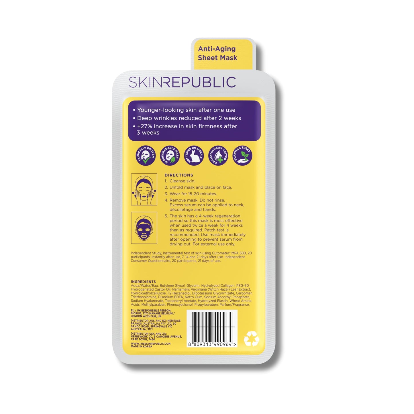 Skin Republic Collagen & Vitamin E Infusion Sheet Mask | Helps with Fine Lines & Wrinkles | For Younger-looking Skin | Made in Korea (Pack of 1)