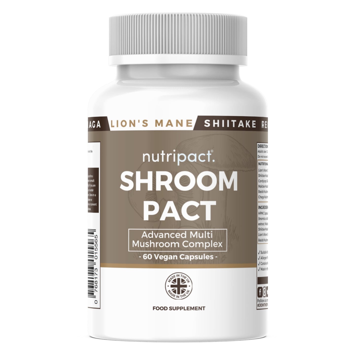 nutripact Mushroom Complex 6-in-1 Capsules – 1800mg per Serving - Lion’s Mane with Reishi, Chaga, Cordyceps, Shiitake & Maitake – High Strength Vegan Supplement – 60 Capsules – Nutripact Shroompact