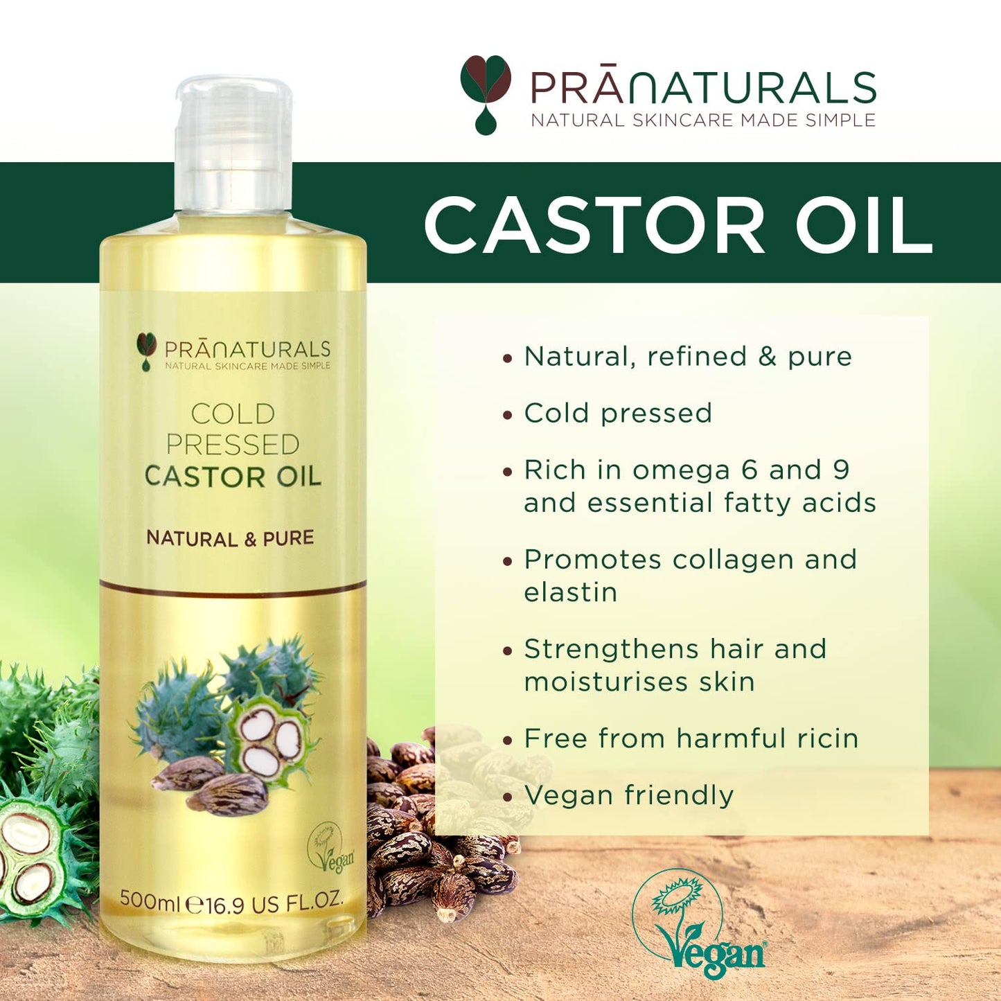 PraNaturals Cold Pressed Castor Oil 500ml - 100% Natural, Vegan & Pure, for Hair, Eyebrows & Eyelash Growth, Softer Skin & Face, Rich In Omega-6, Omega-9 & Essential Fatty Acids