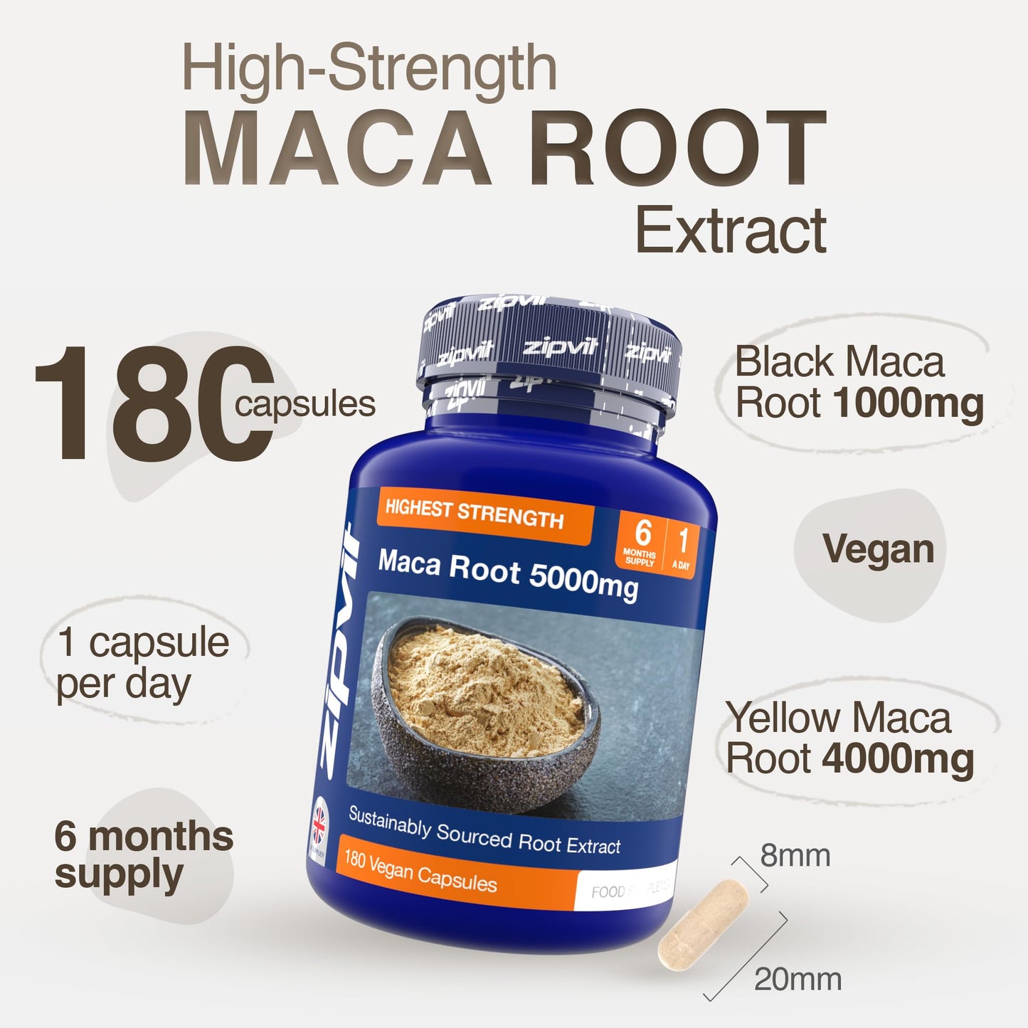 Zipvit Maca Root Capsules 5000mg, 180 Vegan Capsules, 6 Months Supply, Black & Yellow Maca Root Powder Extract