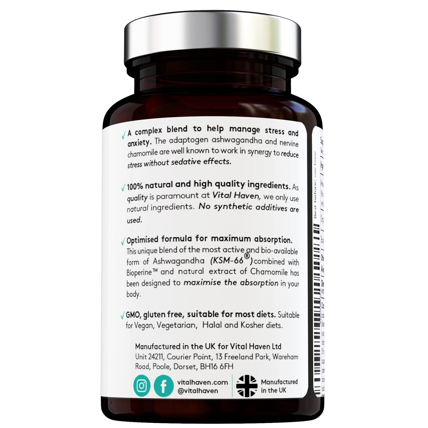 Vital Haven 100% Natural - Ashwagandha KSM-66 (600mg) + Chamomile (150mg) with Bioperine for Maximum Absorption - Premium Ingredients - Vegan Supplement - Ayurveda Indian Ginseng - Made in The UK