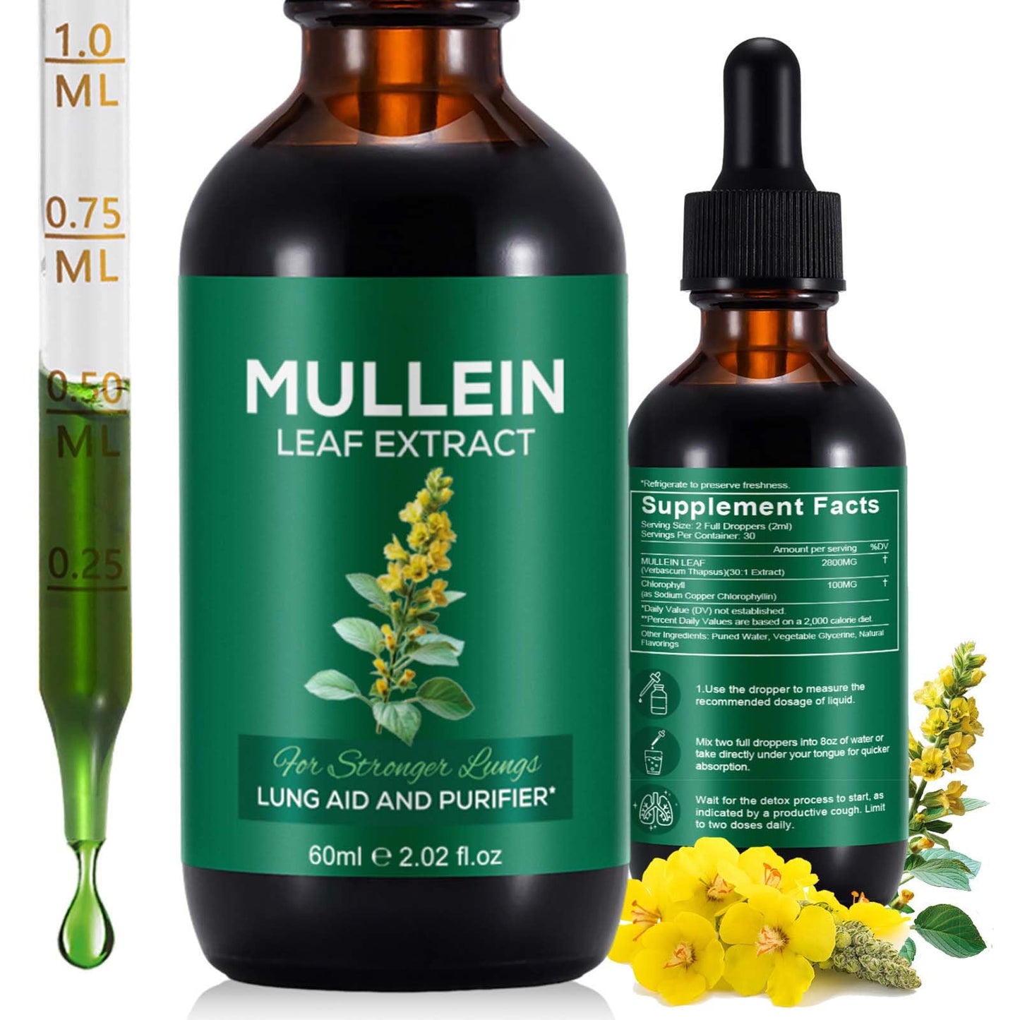 Vortexonix Mullein Drops for Lungs, Mullein Leaf Extract Supplement, Natural Mullein Herbal Supplements, Mullein Leaf Extract for Lung Cleanse and Respiratory Support - 2.02 fl oz