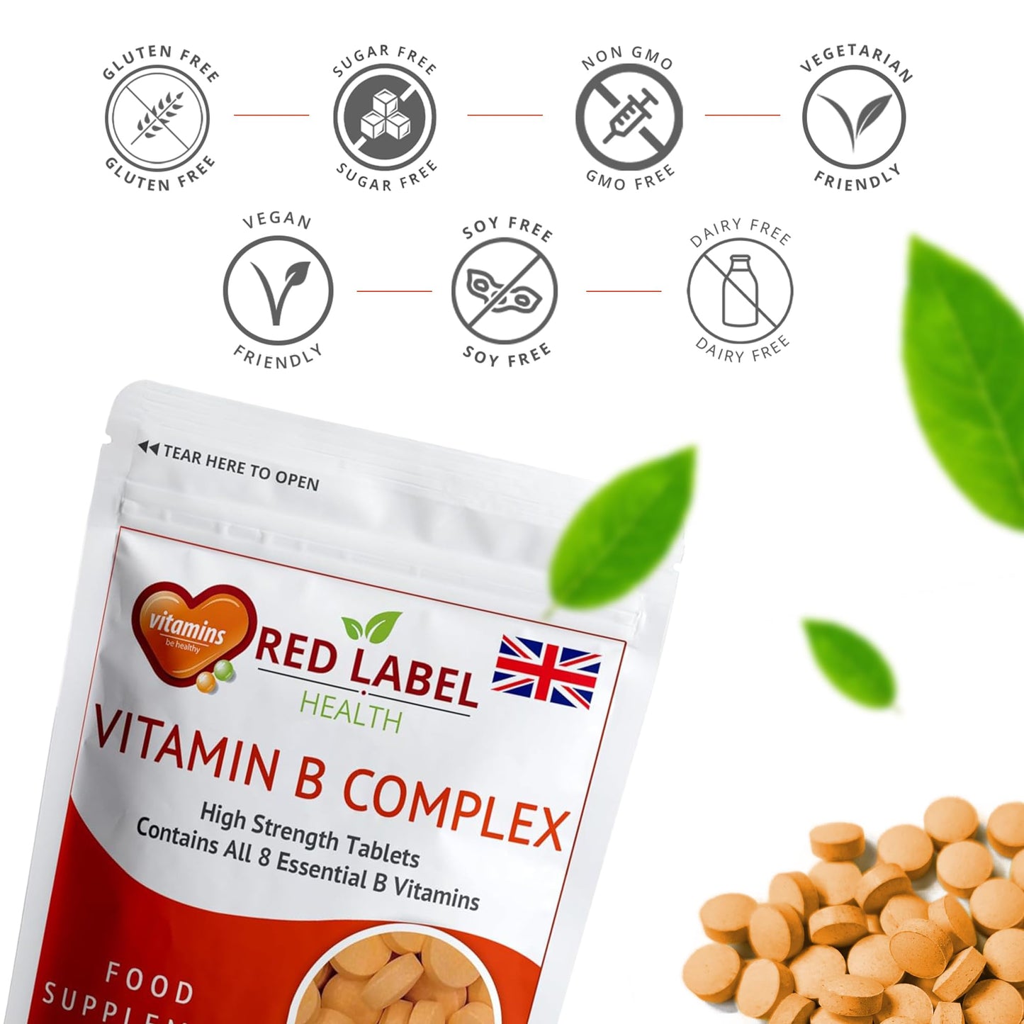 Red Label Health Vitamin B Complex High Strength, Pack of 300 Tablets (9+ Months Supply), All 8 Essential B Vitamins in 1 Tablet for Men & Women, B1, B2, B3, B5, B6, B12, Biotin & Folic Acid, UK