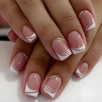 Mikloven Pink Gradient French Manicure Nails - Oval Shape Acrylic High Gloss Reusable Press On Nails For Women With White Tips Golden Sparkle Chain And Multi Layer Stripes Decorations