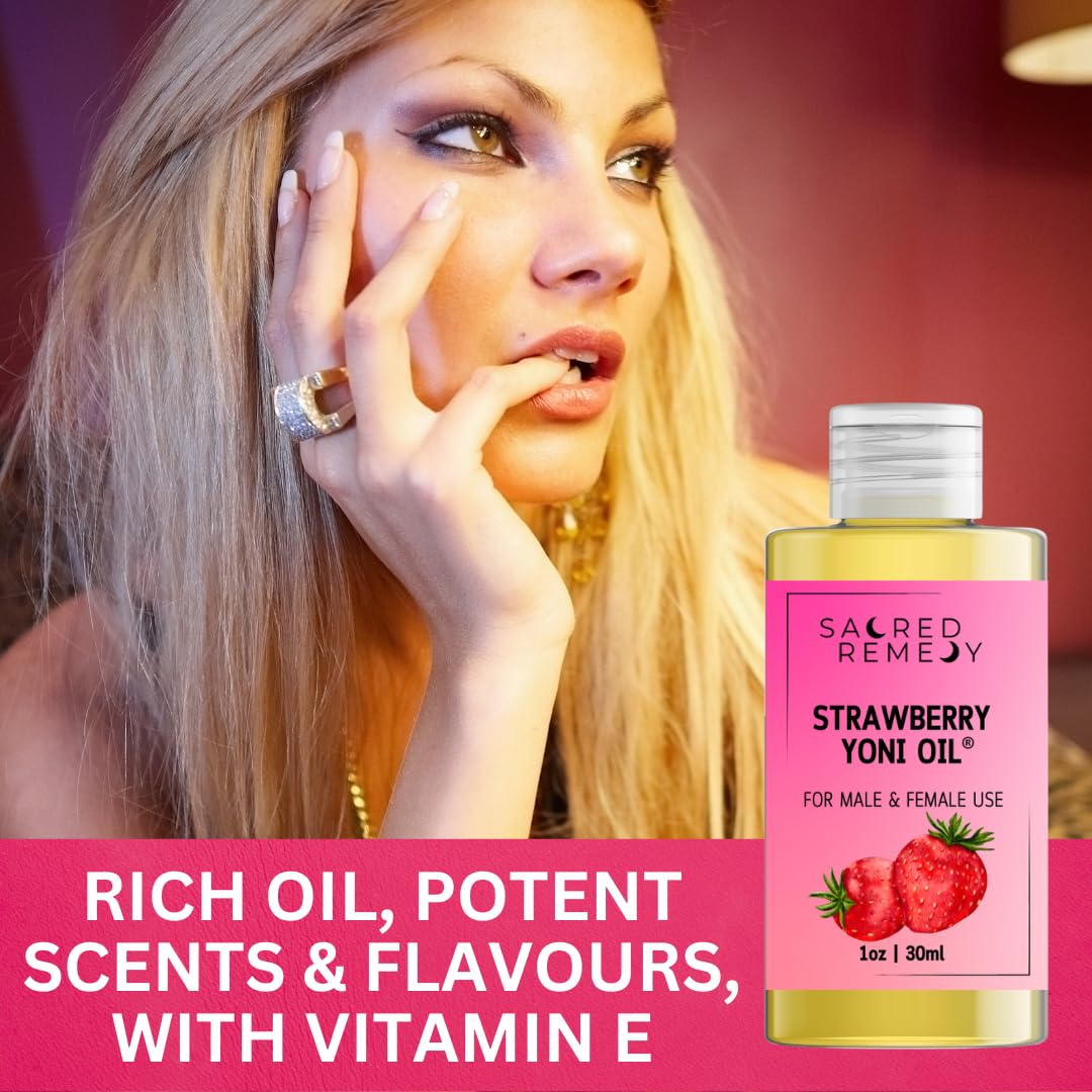 Sacred Remedy StrawberryYoni Oil Potent, Hydrating, Moisturising Lotion Oil. 100% Natural & Vegan. Reduces Friction, Chaffing & Dryness. Balances PH Level & Fresh Scent with Vitamin E (50ml)