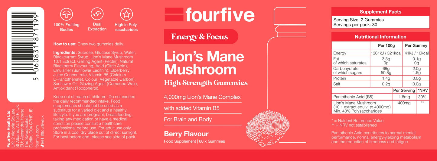 fourfive Lions Mane Mushroom Gummies (4000mg) Energy & Focus Blend with Vitamin B5, Support Brain Function, Focus & Energy - 60 Gummies