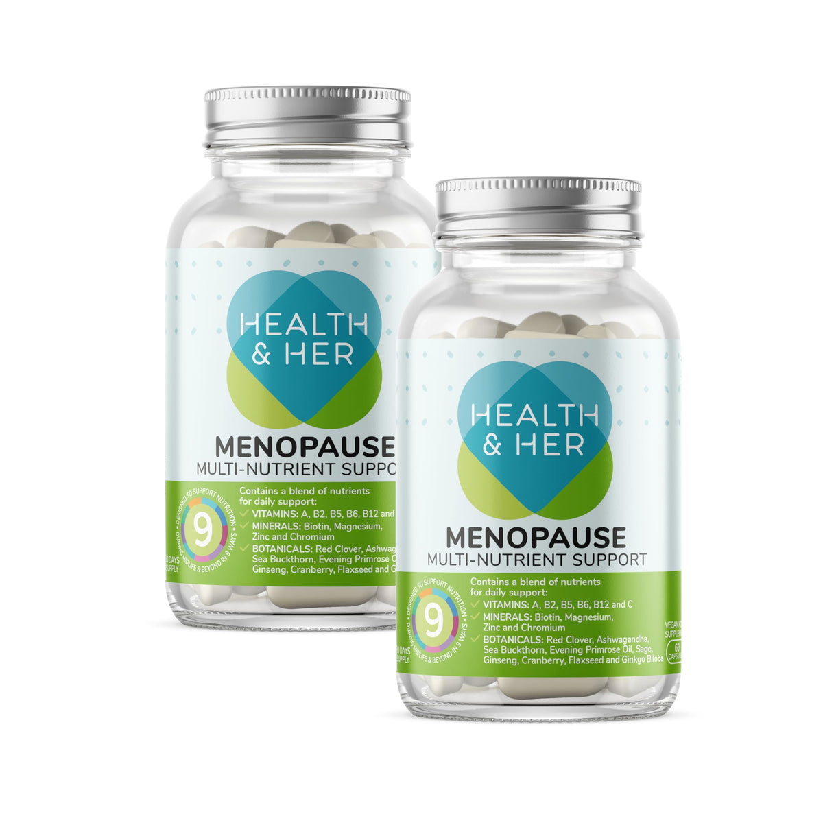 Health and Her Health & Her Menopause Supplements for Women - Multi-Nutrient Wellbeing Support - Wellbeing for Menopause - 2 Month Supply, 120 Capsules - Vegan