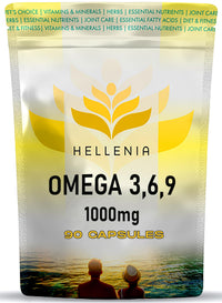 Omega 3 6 9 Capsules High Strength | 1000mg - 90 Softgel Capsules | Supports Maintenance of Normal Blood Cholesterol | Omega 369 with EPA, DHA & ALA from Fish Oil - Made for Hellenia