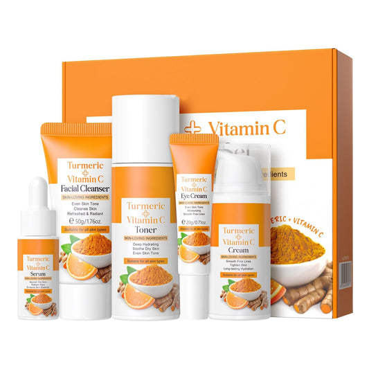 Weixinbuy Turmeric Vitamin C Skincare Set, 5 In 1 Women Gift Set Turmeric Face Cleanser Toner Serum Eye Cream and Face Cream, Even Skin Tone Anti Aging Skincare Gift Set (Turmeric + Vitamin C)