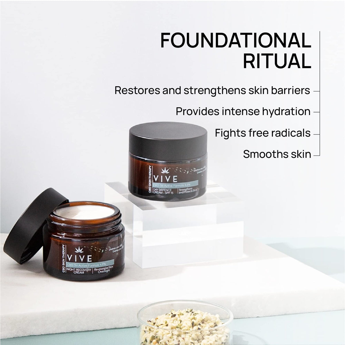 VIVE SkinCare Therapy - Foundational Ritual Bundle - Day Face Cream SPF15 - Night Cream Recovery - Anti-Blemish Treatment - Skin Care Hydration - SPF Moisturiser - Face Cream for Mature Skin
