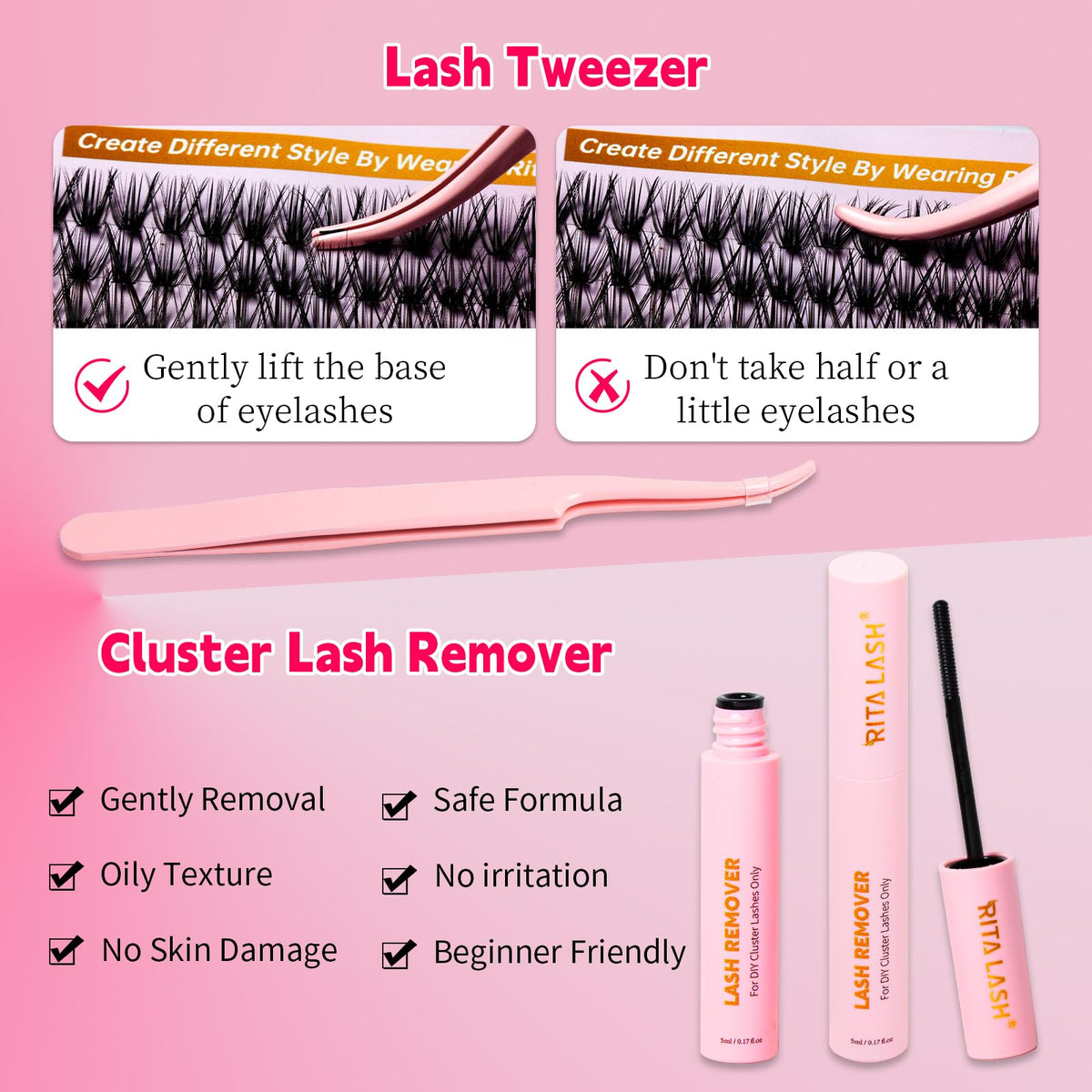 RITALASH Lash Extension Kit 400Pcs,DIY Lash Clusters Kit 8-16mm Cluster Lashes Fluffy Eyelash Clusters Lash Bond And Seal,Lash Remover,Tweezers For Clusters Eyelash Extensions(60D+100D Cluster Kit)