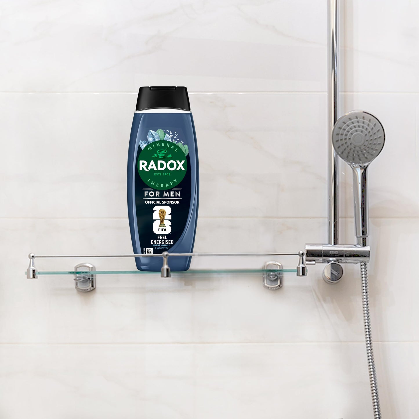 Radox Mineral Therapy Limited-Edition FIFA World Cup 26** Bottle Feel Energised 2-in-1 Shower Gel & Shampoo body wash with herbs, marine minerals & eucalyptus for a refreshing experience 450 ml
