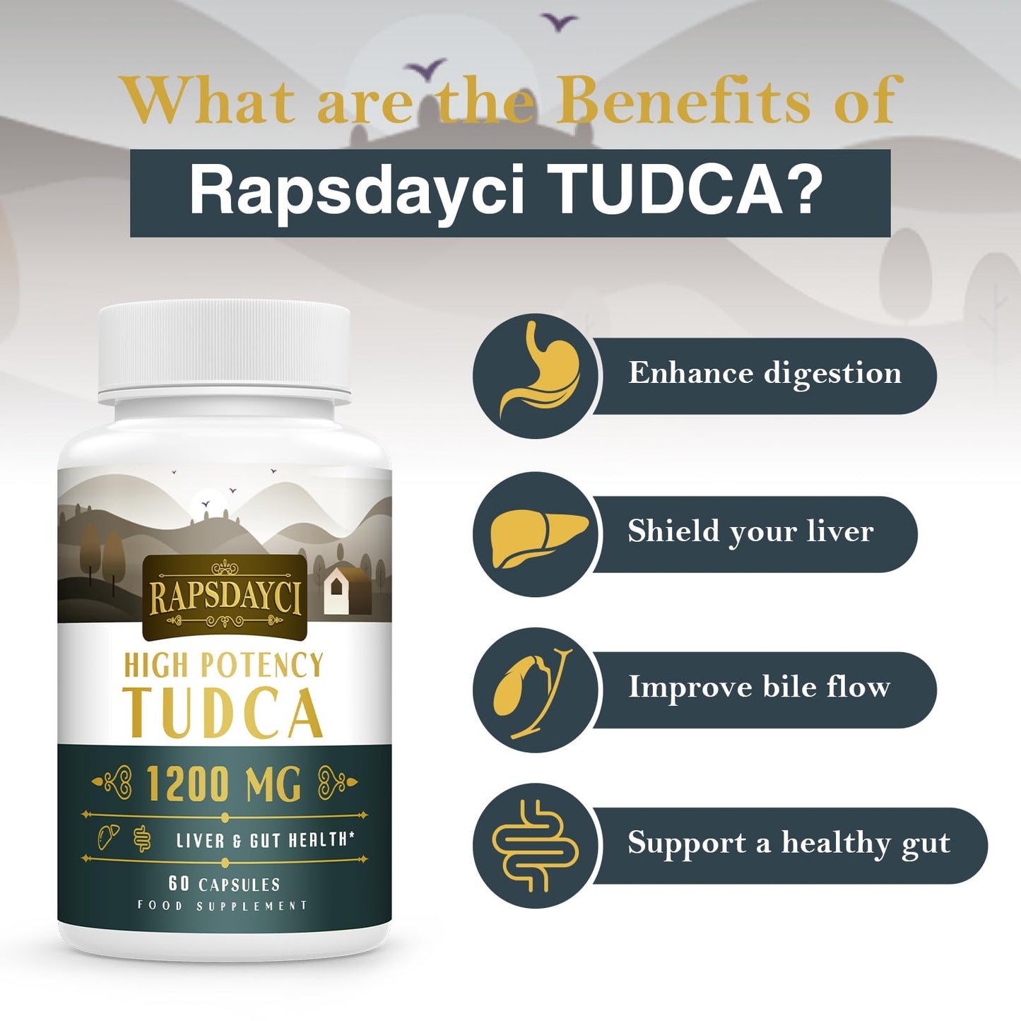 Ultra Strength TUDCA (1200mg Per Serving), 60 Capsules - Tauroursodeoxycholic Acid, Liver Support Supplement, Enhances Proper Bile Production, Boosts Digestion and Immune System Support