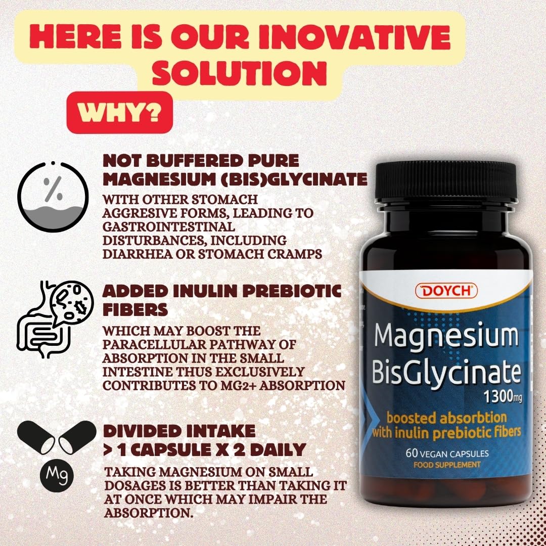Pure Magnesium Bisglycinate Capsules 1300 mg - Boosted with Prebiotic Inulin Fibers - Highly Absorbable Magnesium Supplements - Gentle on The Digestive System Magnesium Glycinate Powder in Capsules