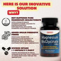 Pure Magnesium Bisglycinate Capsules 1300 mg - Boosted with Prebiotic Inulin Fibers - Highly Absorbable Magnesium Supplements - Gentle on The Digestive System Magnesium Glycinate Powder in Capsules
