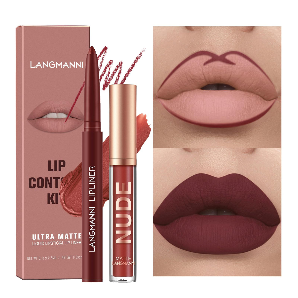 LANGMANNI 4pcs Matte Lipstick with Lipliners Durable Makeup Set,Long-Lasting Non-Stick Cup Not Fade Waterproof Pigmented Velvet Lipgloss Kit Beauty Cosmetics Makeup Gift for Girls(#12811)