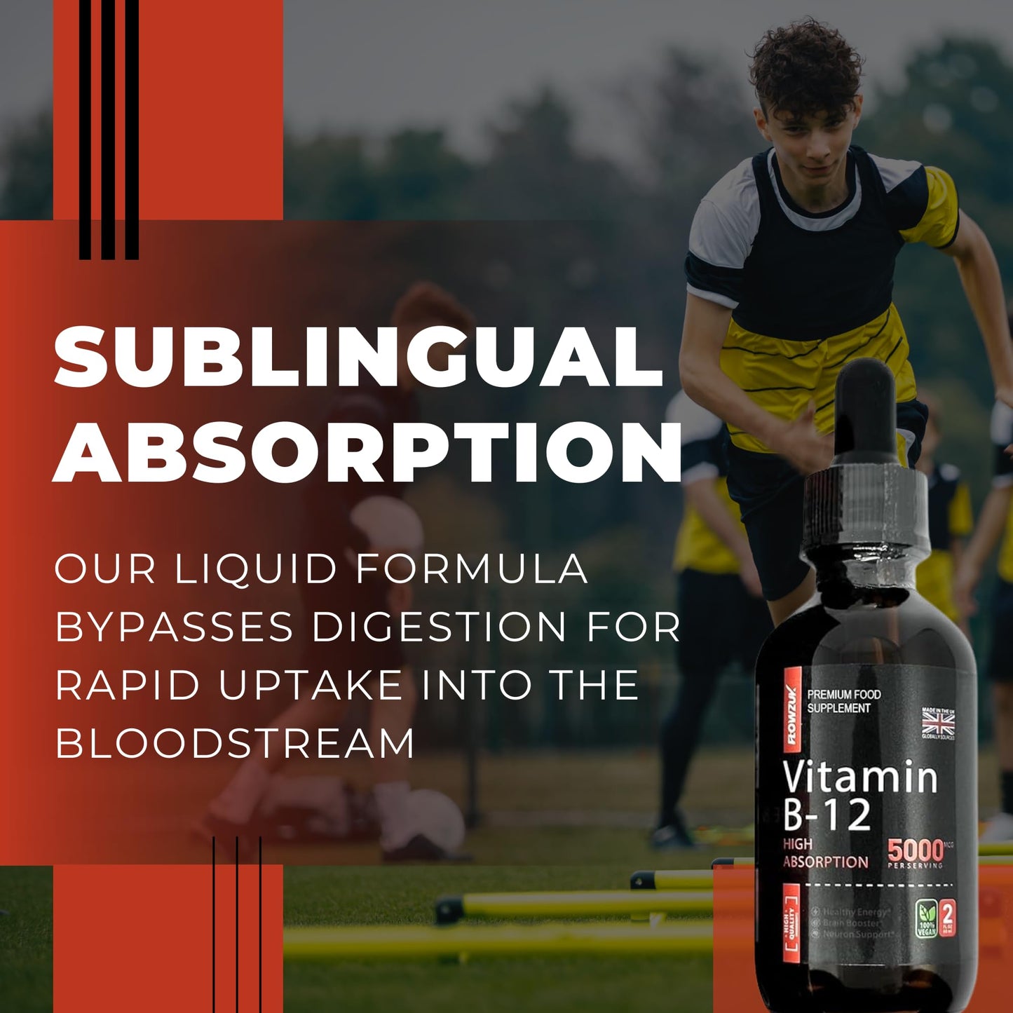 Flowzuk Vitamin B12 Liquid Drops 5000mcg – High Strength Methylcobalamin – Fast Absorbing Vegan B12 Supplement – 60ml Dropper Bottle – Gluten Free, Energy & Wellness Support
