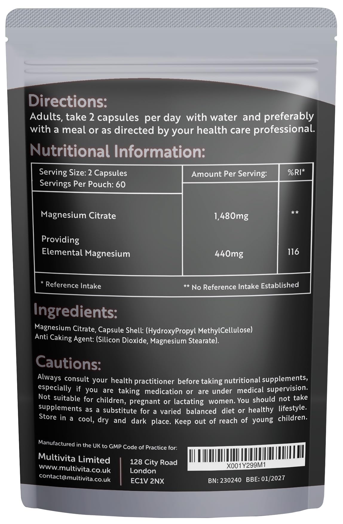 Multivita Magnesium Citrate 1,480mg 120 Vegan Capsules 2 Months Supply - Providing 440mg Elemental Magnesium Per Serving - Magnesium Capsules not Magnesium Tablets - High Strength Magnesium Supplement GMO Free