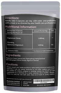 Multivita Magnesium Citrate 1,480mg 120 Vegan Capsules 2 Months Supply - Providing 440mg Elemental Magnesium Per Serving - Magnesium Capsules not Magnesium Tablets - High Strength Magnesium Supplement GMO Free
