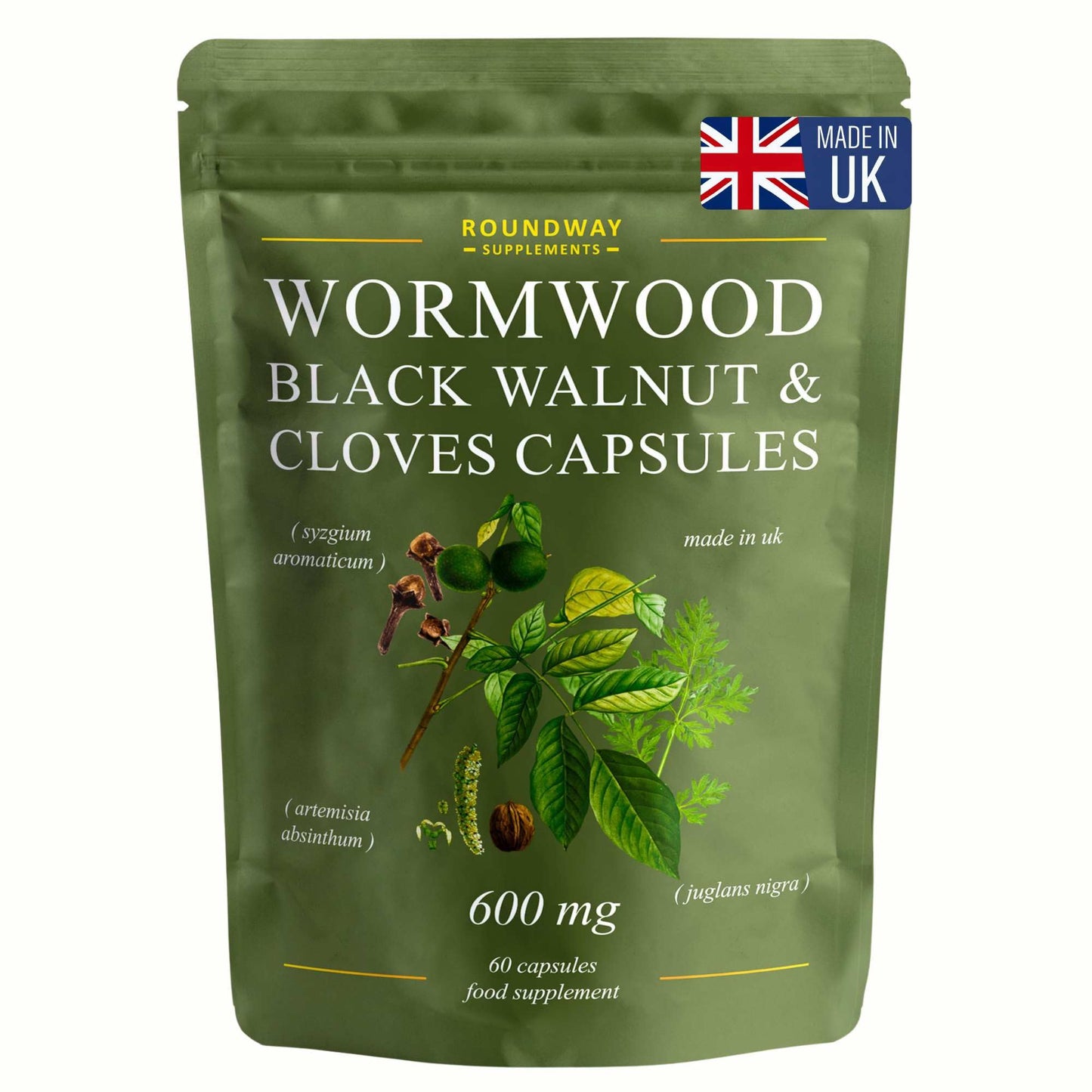 Roundway Supplements Wormwood Black Walnut and Clove Capsules | High Strength Supplement for Humans | 2 Months Supply | 60 Capsules, 600mg per Serving | Vegan Supplement and UK Made (Pack of 1)