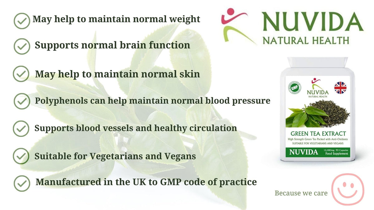 NUVIDA NATURAL HEALTH Green Tea Capsules - 90 High Strength Green Tea Extract Capsules - A Natural Green Tea Supplement and Powerful Antioxidant - Vegan and Vegetarian Friendly